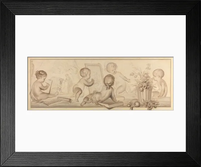Framed Print : Six Putti with Flowers and Fruit and Attributes of the Art of Drawing, 1782. Creator: Juriaan Andriessen Framed Print : Six Putti with Flowers and Fruit and Attributes of the Art of Drawing, 1782. Creator: Juriaan Andriessen
