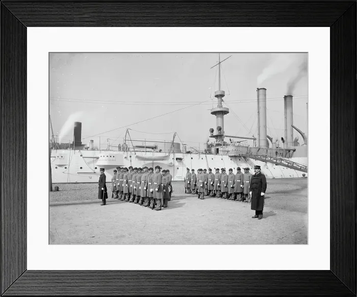 Framed Print : U.S.S. Brooklyn, Marine guard, company drill by sections, between 1896 and 1901. Creator: Edward H Hart Framed Print : U.S.S. Brooklyn, Marine guard, company drill by sections, between 1896 and 1901. Creator: Edward H Hart