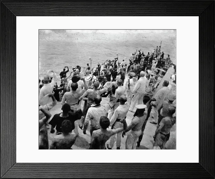 Framed Print : U.S.S. Oregon, cheering the hauling down of the Colon's colors, Battle of Santiago, 1899 July. Creator: Edward H Hart Framed Print : U.S.S. Oregon, cheering the hauling down of the Colon's colors, Battle of Santiago, 1899 July. Creator: Edward H Hart