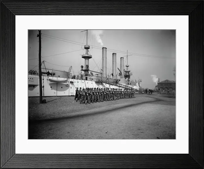 Framed Print : U.S.S. Brooklyn, Marine guard company drill by sections, (1897?). Creator: Unknown Framed Print : U.S.S. Brooklyn, Marine guard company drill by sections, (1897?). Creator: Unknown