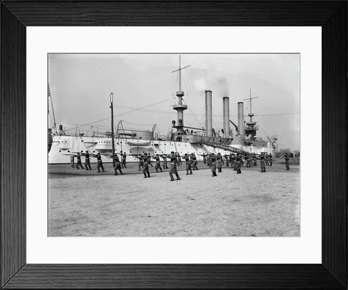 Framed Print : U.S.S. Brooklyn, Marine guard bayonet drill, (1897?). Creator: Unknown Framed Print : U.S.S. Brooklyn, Marine guard bayonet drill, (1897?). Creator: Unknown