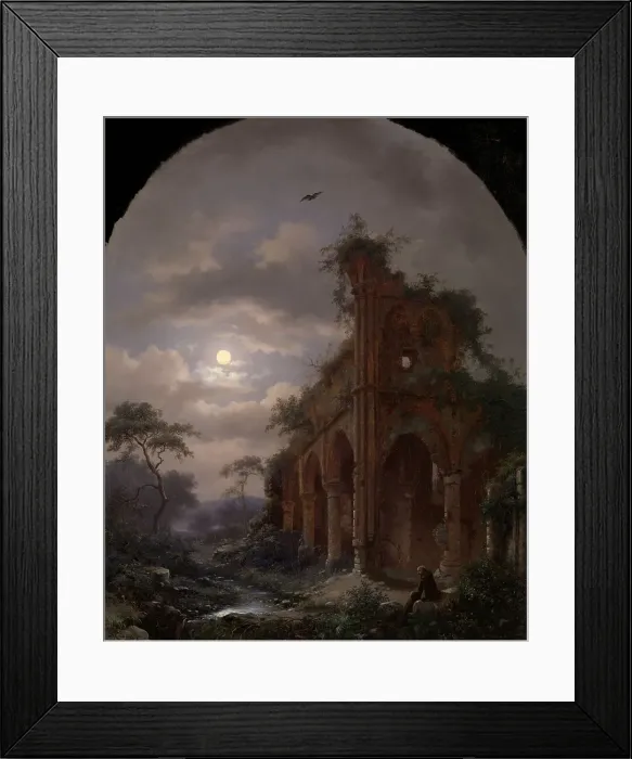 Framed Print : Monk Meditating near a Ruin by Moonlight, 1862. Creator: Frederik Marinus Kruseman Framed Print : Monk Meditating near a Ruin by Moonlight, 1862. Creator: Frederik Marinus Kruseman