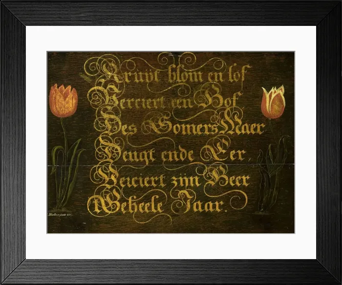 Framed Print : A Calligraphic Maxim, Flanked by Tulips, 1667. Creator: Isaac Hondius Framed Print : A Calligraphic Maxim, Flanked by Tulips, 1667. Creator: Isaac Hondius