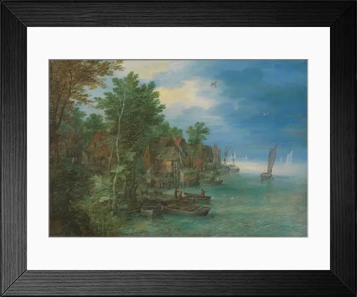 Framed Print : View of a Village along a River, 1604. Creator: Jan Brueghel the Elder Framed Print : View of a Village along a River, 1604. Creator: Jan Brueghel the Elder