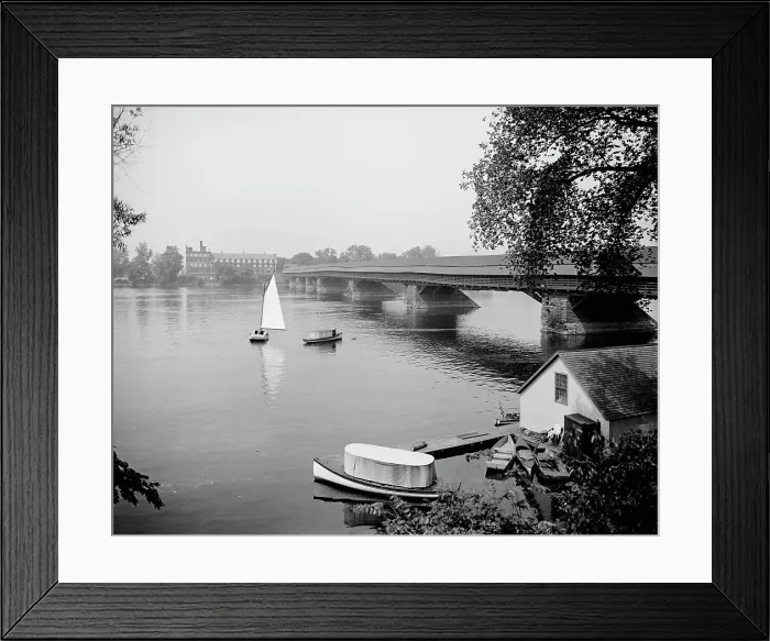 Framed Print : Old toll bridge and river, Springfield, Mass. between 1900 and 1910. Creator: Unknown Framed Print : Old toll bridge and river, Springfield, Mass. between 1900 and 1910. Creator: Unknown
