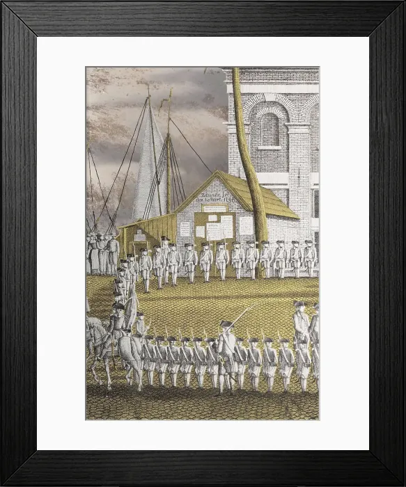 Framed Print : Cadets Formed into Line in front of the Zeerecht Building on the Slijpsteenmarkt, Amsterdam, 1796. Creator: Jonas Zeuner Framed Print : Cadets Formed into Line in front of the Zeerecht Building on the Slijpsteenmarkt, Amsterdam, 1796. Creator: Jonas Zeuner