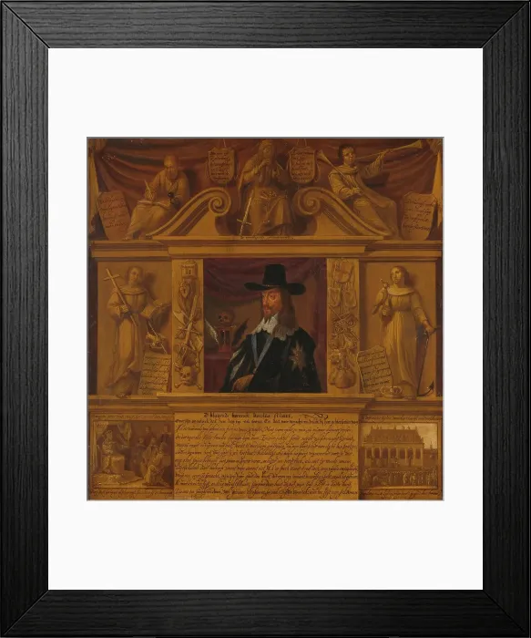 Framed Print : Portrait of Charles I, King of England, in a Frame with Allegorical Figures and Historical Represent Creator: Anon Framed Print : Portrait of Charles I, King of England, in a Frame with Allegorical Figures and Historical Represent Creator: Anon