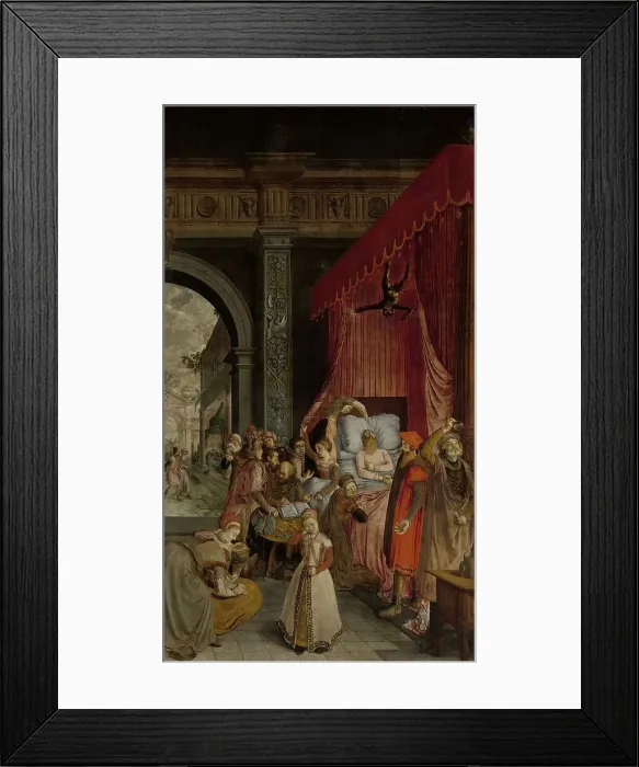 Framed Print : Deathbed of the Rich Man, with a Devil Descending to Retrieve the Deceased's Soul, c.1550-c.1574. Creator: Anon Framed Print : Deathbed of the Rich Man, with a Devil Descending to Retrieve the Deceased's Soul, c.1550-c.1574. Creator: Anon
