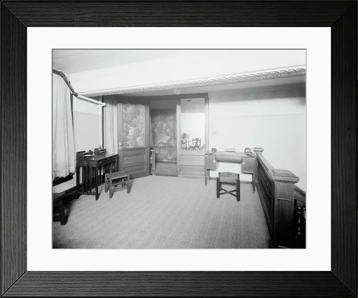 Framed Print : E.M. Bigsby Co. show rooms, private office from balcony, between 1900 and 1915. Creator: Unknown Framed Print : E.M. Bigsby Co. show rooms, private office from balcony, between 1900 and 1915. Creator: Unknown