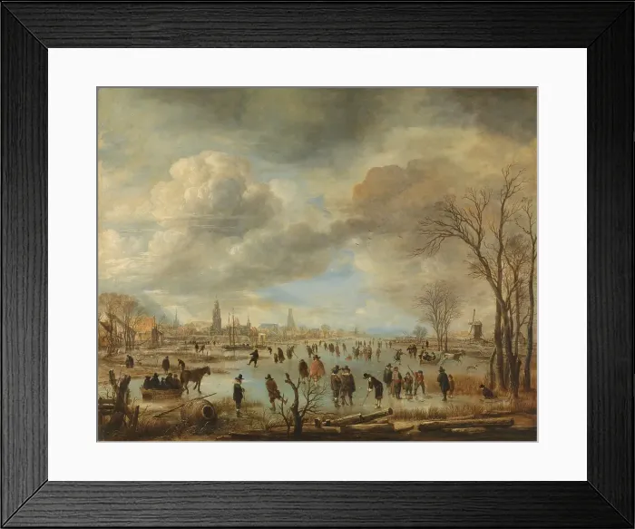 Framed Print : Winter Landscape near a Town with Kolf Players and Horse-Drawn Sleighs, c.1650-c.1655. Creator: Aert van der Neer Framed Print : Winter Landscape near a Town with Kolf Players and Horse-Drawn Sleighs, c.1650-c.1655. Creator: Aert van der Neer