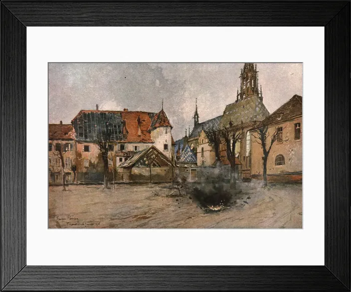 Framed Print : En Alsace; Eclatement d'un obus allemand pres de l'eglise de Thann, 1915. Creator: Francois Flameng Framed Print : En Alsace; Eclatement d'un obus allemand pres de l'eglise de Thann, 1915. Creator: Francois Flameng