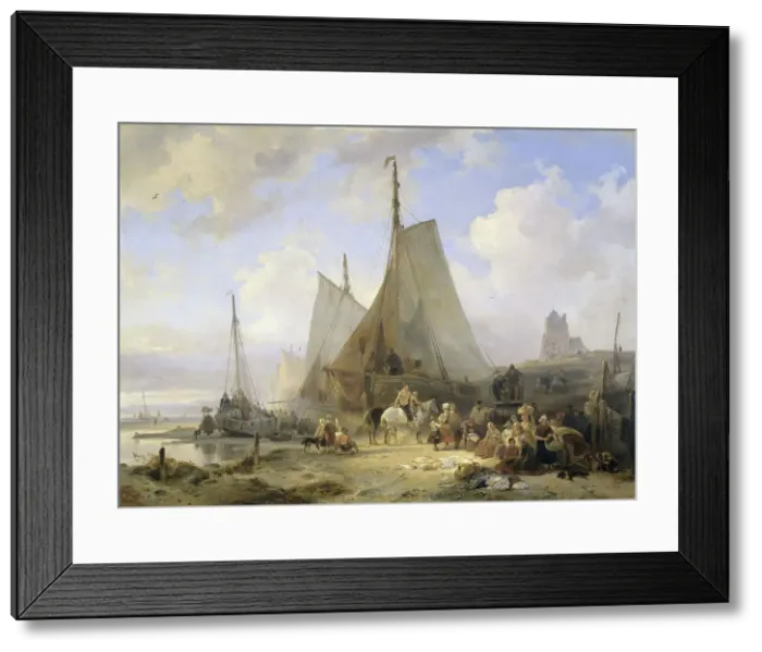 Framed Print : Fishing Boats on the Beach with Fishermen and Women Sorting the Catch, 1835. Creator: Wijnand Nuyen Framed Print : Fishing Boats on the Beach with Fishermen and Women Sorting the Catch, 1835. Creator: Wijnand Nuyen