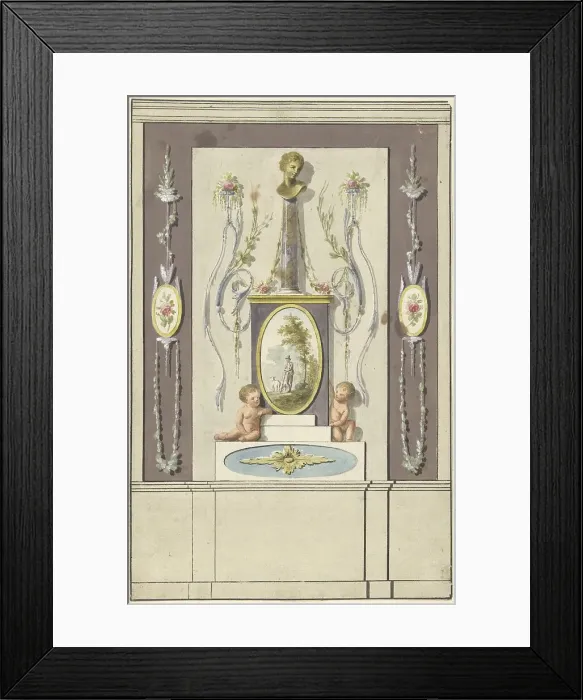 Framed Print : Design for room decorations with a panel with a bust on a column, 1767-1823. Creator: Abraham Meertens