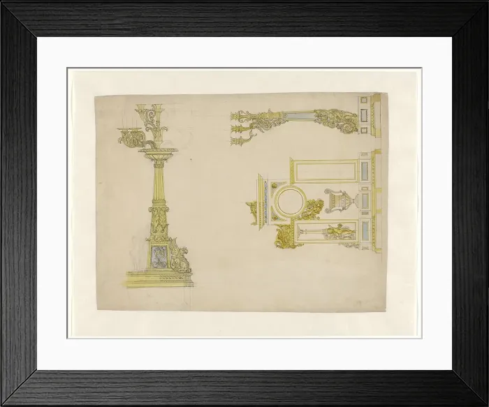 Framed Print : Design for a mantel clock and two candelabra, c.1825-c.1835. Creator: Adrien Louis Marie Cavelier Framed Print : Design for a mantel clock and two candelabra, c.1825-c.1835. Creator: Adrien Louis Marie Cavelier