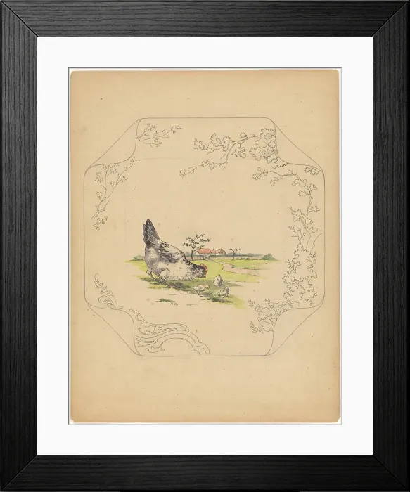Framed Print : Design for model square board with a hen and three chicks, c.1875-c.1880. Creator: Albert Louis Dammouse