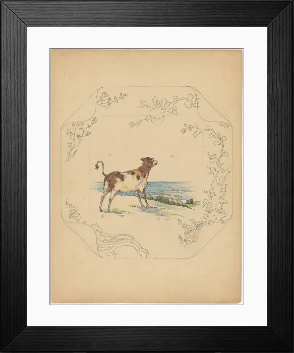 Framed Print : Design for model square board with cow by the sea, c.1875-c.1880. Creator: Albert Louis Dammouse Framed Print : Design for model square board with cow by the sea, c.1875-c.1880. Creator: Albert Louis Dammouse