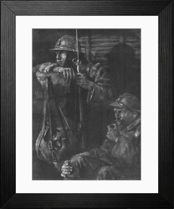 Framed Print : Les Guetteurs; on ne fume pas au poste d'ecoute, mais il est permis de macher sa pipe... 1916. Creator: Lucien Jonas Framed Print : Les Guetteurs; on ne fume pas au poste d'ecoute, mais il est permis de macher sa pipe... 1916. Creator: Lucien Jonas