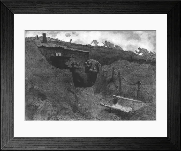 Framed Print : Le poste de secours; un brancardier apporte sur son dos un blesse, tandis que des... 1916. Creator: Georges Leroux Framed Print : Le poste de secours; un brancardier apporte sur son dos un blesse, tandis que des... 1916. Creator: Georges Leroux