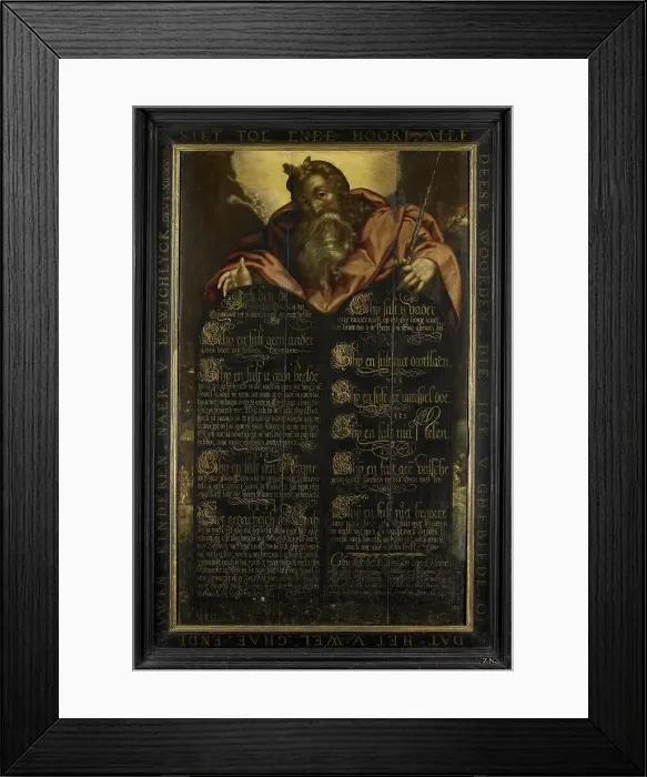 Framed Print : Moses showing the Tables of the Law with the Ten Commandments in Calligraphy, c.1600. Creator: Anon Framed Print : Moses showing the Tables of the Law with the Ten Commandments in Calligraphy, c.1600. Creator: Anon
