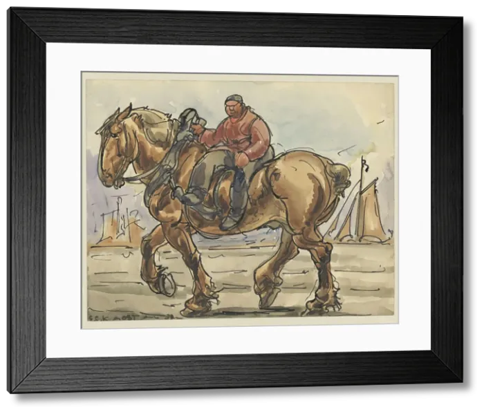 Framed Print : Man riding sidesaddle on a draft horse, 1939. Creator: Alfred Ost Framed Print : Man riding sidesaddle on a draft horse, 1939. Creator: Alfred Ost