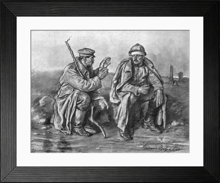 Framed Print : Prisonnier bulgare donnant a un blesse serbe des nouvelles de sa patrie opprimee, 1916. Creator: Vladimir Betzitch Framed Print : Prisonnier bulgare donnant a un blesse serbe des nouvelles de sa patrie opprimee, 1916. Creator: Vladimir Betzitch