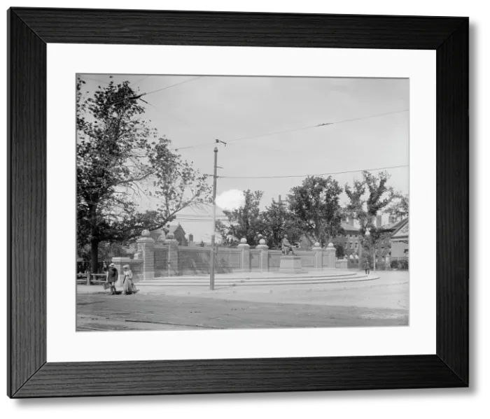 Framed Print : Charles Sumner statue at entrance to subway, Harvard Square, Cambridge, Mass. between 1900 and 1920 Creator: Unknown Framed Print : Charles Sumner statue at entrance to subway, Harvard Square, Cambridge, Mass. between 1900 and 1920 Creator: Unknown