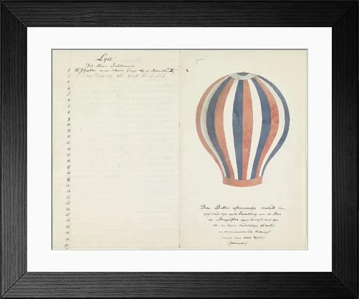 Framed Print : Air balloon and list of subscribers, 1700-1800. Creator: Anon Framed Print : Air balloon and list of subscribers, 1700-1800. Creator: Anon