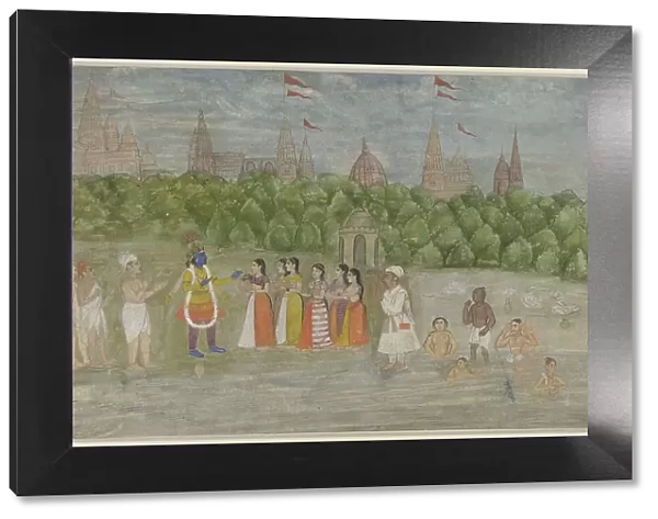 On the banks of the Yamuna in Brindaban, Krishna dances with the Gopis, 1800-1825. Creator: Anon