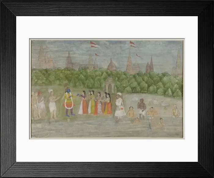 Framed Print : On the banks of the Yamuna in Brindaban, Krishna dances with the Gopis, 1800-1825. Creator: Anon Framed Print : On the banks of the Yamuna in Brindaban, Krishna dances with the Gopis, 1800-1825. Creator: Anon