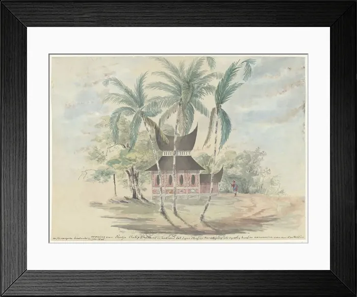 Framed Print : House of Radja Batipo, demolished and burned to his punishment... (1841). Creator: Anon Framed Print : House of Radja Batipo, demolished and burned to his punishment... (1841). Creator: Anon