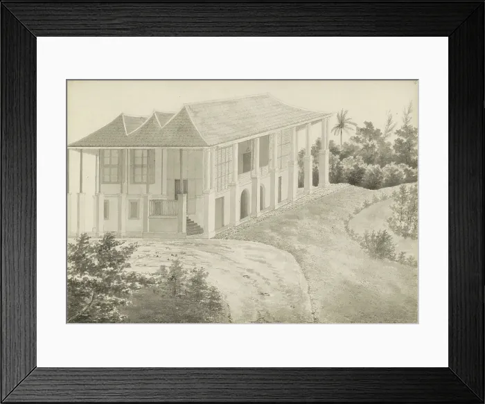 Framed Print : Country house with colonnade in Kramat in Batavia, 1840. Creator: Anon Framed Print : Country house with colonnade in Kramat in Batavia, 1840. Creator: Anon