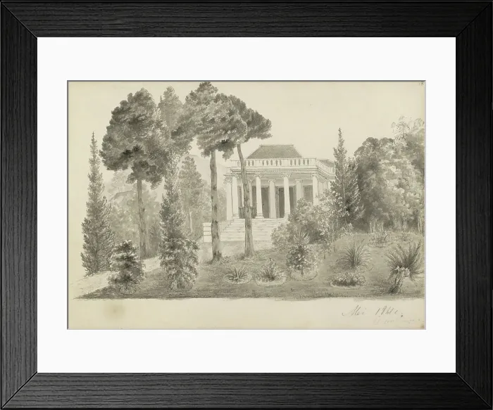 Framed Print : Country house with landing and garden, presumably in the Dutch East Indies, 1841. Creator: Anon Framed Print : Country house with landing and garden, presumably in the Dutch East Indies, 1841. Creator: Anon