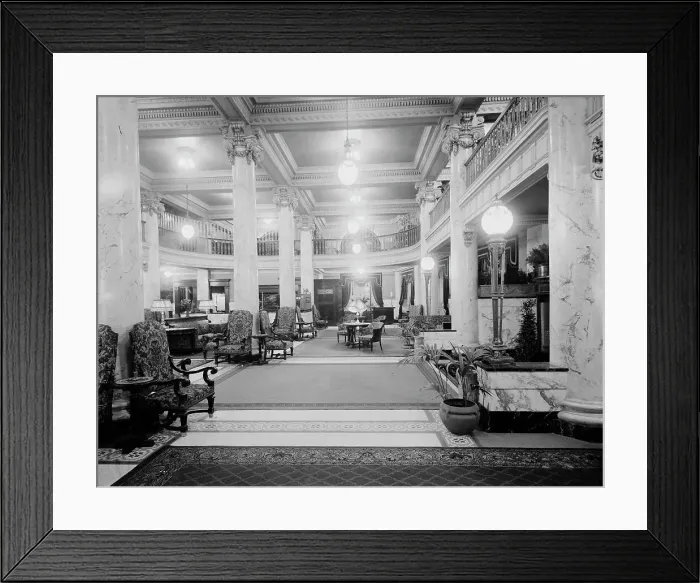 Framed Print : Hotel Utica, reception lobby, Utica, N.Y. between 1905 and 1915. Creator: Unknown Framed Print : Hotel Utica, reception lobby, Utica, N.Y. between 1905 and 1915. Creator: Unknown