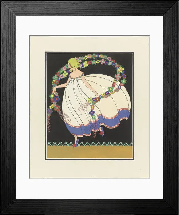 Framed Print : Woman in dress with full skirt, garlands in her hands, c.1910-c.1920. Creator: Anon Framed Print : Woman in dress with full skirt, garlands in her hands, c.1910-c.1920. Creator: Anon