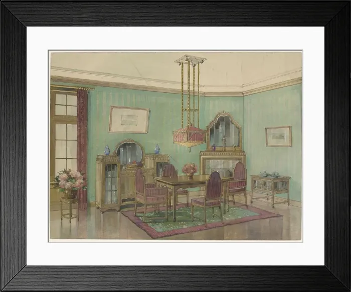 Framed Print : Interior of dining room with corner chimney, c.1925. Creator: Anon Framed Print : Interior of dining room with corner chimney, c.1925. Creator: Anon