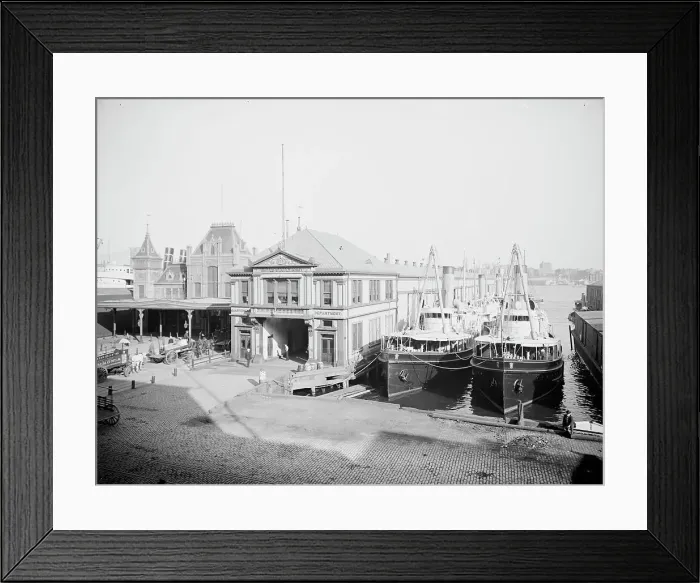 Framed Print : U.S. Government Dock and Wall Street Ferry, New York, between 1900 and 1905. Creator: Unknown Framed Print : U.S. Government Dock and Wall Street Ferry, New York, between 1900 and 1905. Creator: Unknown