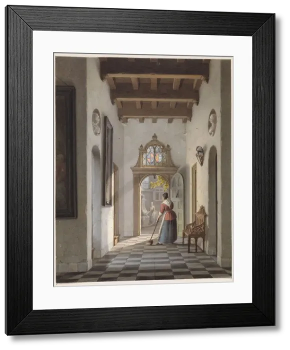 Framed Print : Maid sweeping the hallway of a house, 1837. Creator: Louis Henri de Fontenay