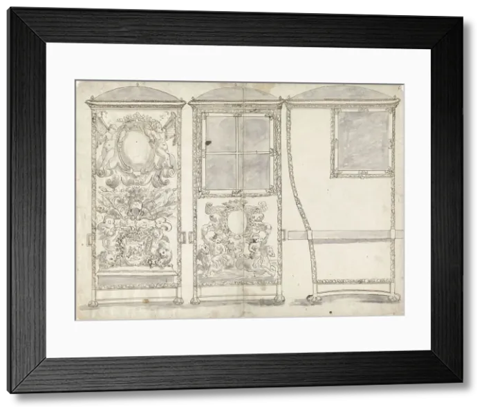 Framed Print : Design for a Sedan Chair, Viewed from the Back, the Front and the Right SIde, c.1650-c.1700. Creator: Anon Framed Print : Design for a Sedan Chair, Viewed from the Back, the Front and the Right SIde, c.1650-c.1700. Creator: Anon