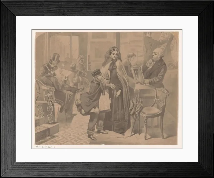 Framed Print : Mother and son with an art dealer, 1857-c.1900. Creator: Anon Framed Print : Mother and son with an art dealer, 1857-c.1900. Creator: Anon
