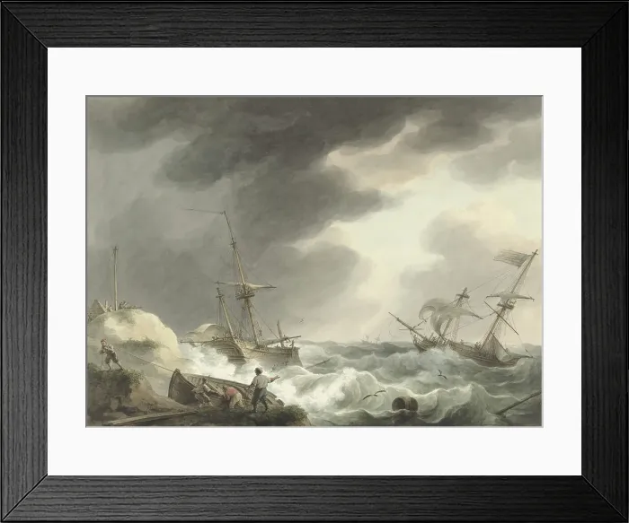 Framed Print : Shipwreck of two ships, one of which is under American flag, on a dune coast, 1780-1848. Creator: Martinus Schouman Framed Print : Shipwreck of two ships, one of which is under American flag, on a dune coast, 1780-1848. Creator: Martinus Schouman