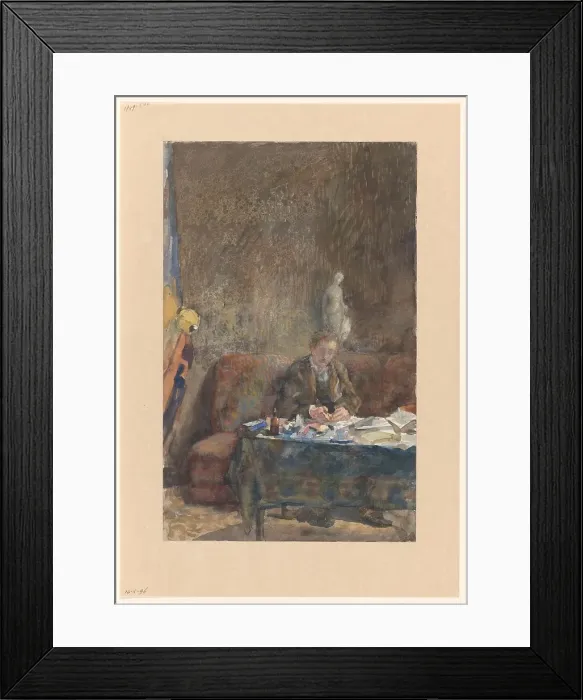 Framed Print : Interior with man writing on sofa behind the table, 1874-1918. Creator: Martinus van Andringa Framed Print : Interior with man writing on sofa behind the table, 1874-1918. Creator: Martinus van Andringa