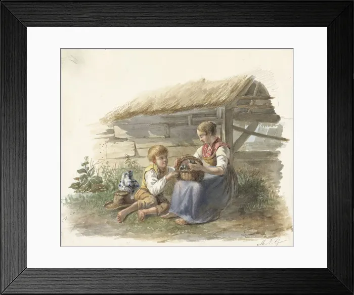 Framed Print : Girl and boy with a basket of chicks, 1878-1903. Creator: Maximilienne Guyon Framed Print : Girl and boy with a basket of chicks, 1878-1903. Creator: Maximilienne Guyon