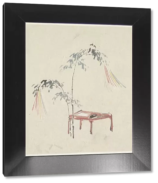 Still life of a red table and decorated bamboo, 1808-1861. Creator: Utagawa Kuniyoshi