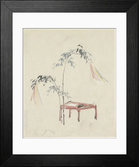 Framed Print : Still life of a red table and decorated bamboo, 1808-1861. Creator: Utagawa Kuniyoshi Framed Print : Still life of a red table and decorated bamboo, 1808-1861. Creator: Utagawa Kuniyoshi