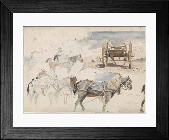 Framed Print : Studies of shell cart and horses on the beach, 1852. Creator: Willem Antonie van Deventer Framed Print : Studies of shell cart and horses on the beach, 1852. Creator: Willem Antonie van Deventer