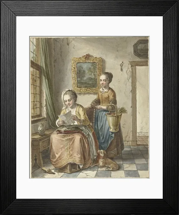Framed Print : Sitting woman with maid, reading a letter, 1748-1798. Creator: Willem Joseph Laquy Framed Print : Sitting woman with maid, reading a letter, 1748-1798. Creator: Willem Joseph Laquy