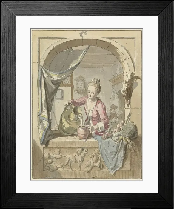 Framed Print : Woman pours milk from a jug, in a window, 1748-1798. Creator: Willem Joseph Laquy Framed Print : Woman pours milk from a jug, in a window, 1748-1798. Creator: Willem Joseph Laquy