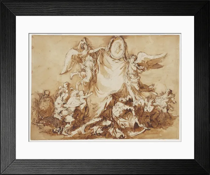 Framed Print : An Allegory of the Arts Vanquishing Time, Surmounted by a Medallion Portrait of... after 1780. Creator: André Jean Lebrun Framed Print : An Allegory of the Arts Vanquishing Time, Surmounted by a Medallion Portrait of... after 1780. Creator: André Jean Lebrun