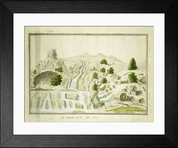 Framed Print : The waterfall at the Roodezand valley, near Tulbagh, 1778-1779. Creators: Robert Jacob Gordon, Johannes Schumacher Framed Print : The waterfall at the Roodezand valley, near Tulbagh, 1778-1779. Creators: Robert Jacob Gordon, Johannes Schumacher