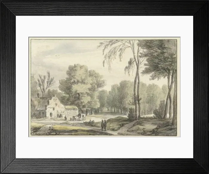 Framed Print : Landscape with a covered wagon outside farm buildings, 1637-1692. Creator: Roelant Roghman Framed Print : Landscape with a covered wagon outside farm buildings, 1637-1692. Creator: Roelant Roghman